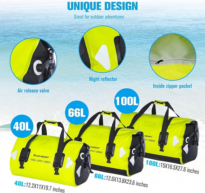 WILD HEART Waterproof Motorcycle Duffel Bag PVC500D Double-bottom With Rope Straps and Inner Pocket 40L 66L 100L for Kayaking, Camping, Boating,Motorcycle-StrideForce Fitness