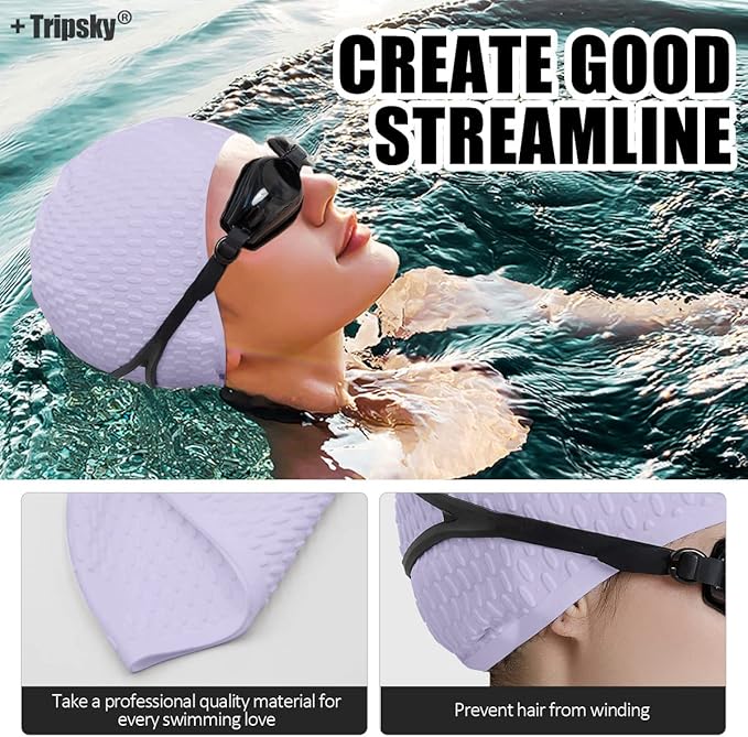 Tripsky Silicone Swim Cap,Comfortable Bathing Cap Ideal for Curly Short Medium Long Hair, Swimming Cap for Women and Men, Shower Caps Keep Hairstyle Unchanged…-StrideForce Fitness
