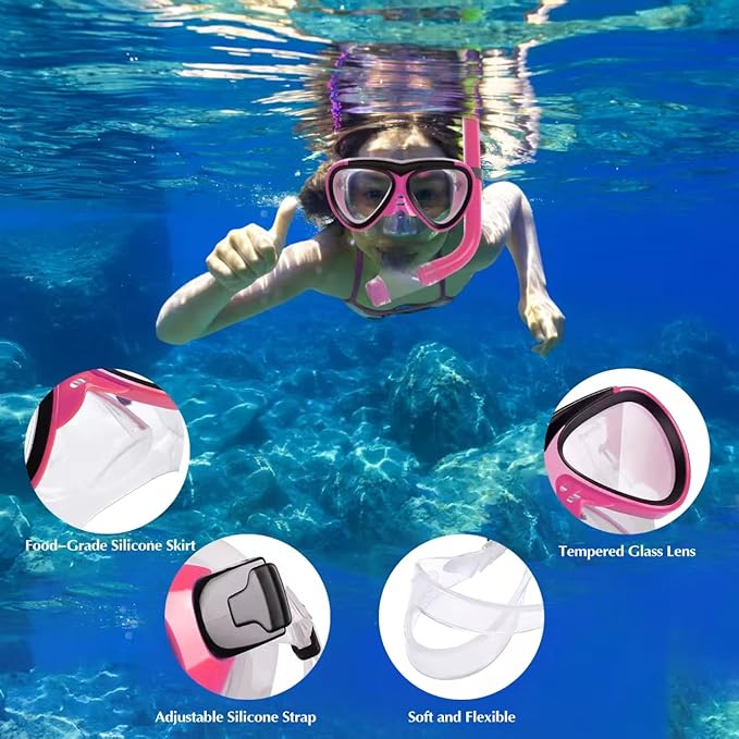 GreenLF Kids Snorkel Set, Anti-Fog Snorkeling Mask with Nose Covers for Youth Junior Child, Boys & Girls Age 5-12, Semi-Dry Diving Scuba Swimming Goggles Gear Packages-StrideForce Fitness