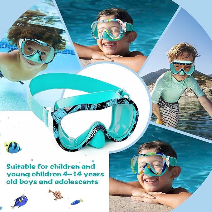 Kids Swim Goggles with Nose Cover, 180° Panoramic Snorkel Mask with Anti-Fog & Anti-Leak Design, Comfort Fabric Strap UV Protection Lens for Boys Girls Ages 3-15-StrideForce Fitness