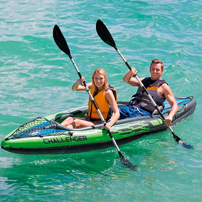INTEX Challenger Inflatable Kayak Series: Includes Deluxe 86in Kayak Paddles and High-Output Pump – SuperStrong PVC – Adjustable Seat with Backrest – Removable Skeg – Cargo Storage Net-StrideForce Fitness