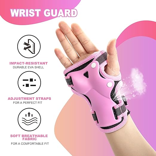 2PM SPORTS Knee Pads for Kids, Wrist Guards Knee and Elbow Pads Set with Drawstring Bag, Protective Gear Set for Girls Boys Roller Skating Cycling Skateboard - Pink Small-StrideForce Fitness