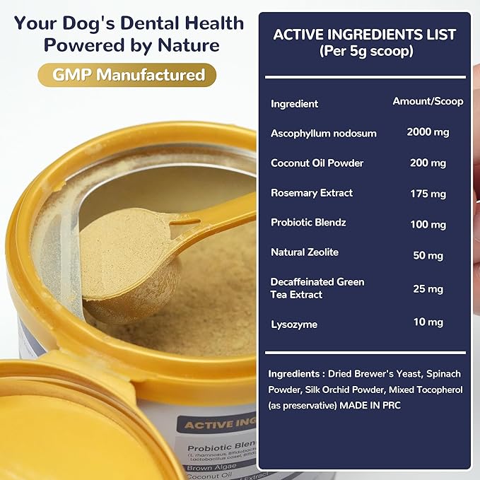 Dog Breath Freshener, Dental Powder 10.56oz for Dogs Teeth Cleaning Powder Plaque Off Tartar Remover Natural Bad Breath for Dogs with Herbal Blend Probiotics, 300g (60 Scoops)