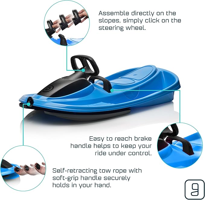 Snow Sled for Kids, Adults - Toboggan Sled, Easy Turning Steering Wheel, Anti-Slip Seat, Pull Up Brake, Durable Plastic Sled, Lightweight, Snow Sleds, Age 3+ 260 lbs-StrideForce Fitness