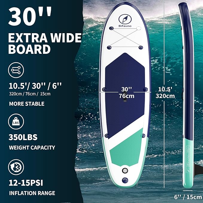 Inflatable Stand Up Paddle Board with SUP Accessories & Backpack. Paddle Boards for Adults. Non-Slip Deck, Wide Stance, Bottom Fin, Double Action Pump.-StrideForce Fitness