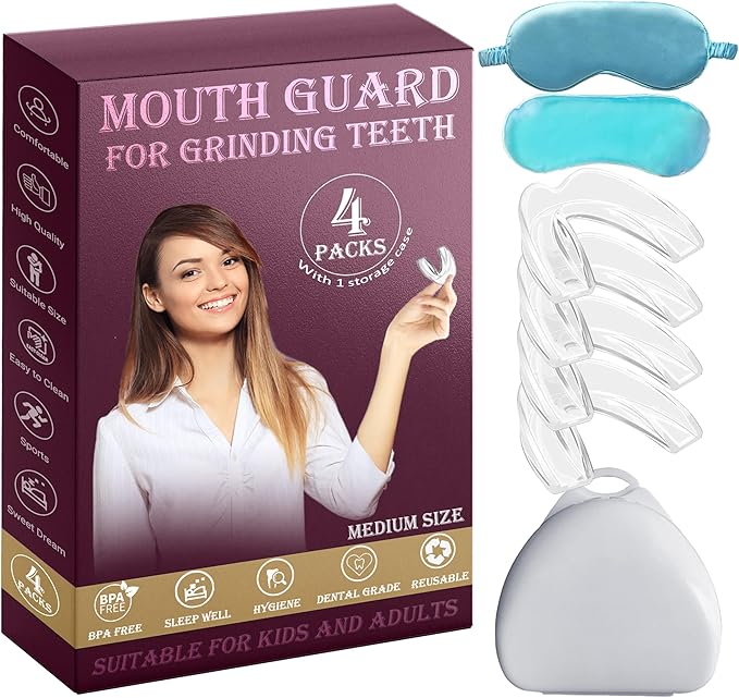 Night Guard for Teen Teeth Grinding Nighttime Teeth Protection Sleep Well Medium Size, 4 Pack Moldable Nighttime Protection Guard for Clenching Teeth | Including Hygiene Case and Gel Ice Pack