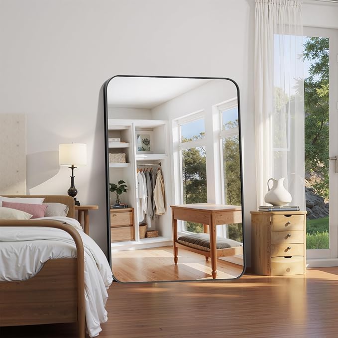 FORBATH Large Bathroom Mirror 60" x 40", Black Rectangle Metal Framed Rounded Corner Wide Wall Mounted Mirror for Bathroom Bedroom Entryway Decor(Horizontal/Vertical)-StrideForce Fitness