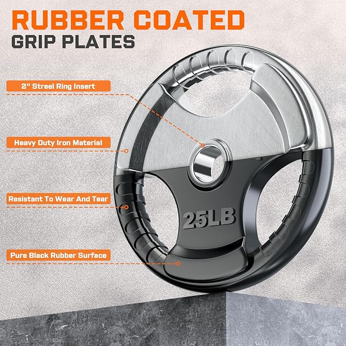 XDDIAS Rubber Weight Plates for Barbell, 2-Inch Olympic Grip Plate for Strength Training, Weightlifting and Bodybuilding in Home & Gym, Solid Cast Iron Weight Plates Pair and Sets-StrideForce Fitness