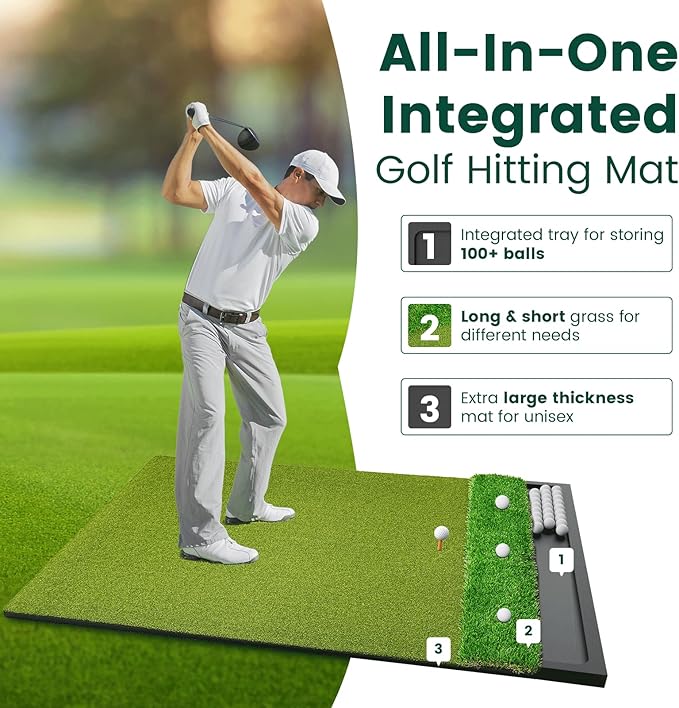 Golf Hitting Mat with Ball Tray 5x4ft - 6x4ft Dual-Turf Practice Mat for Indoor & Outdoor Use Golf Training Mat with Rubber Tee Holes, Suitable for Swing Driving & Chipping-StrideForce Fitness