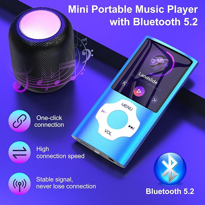 Portable 64GB MP3 Player with Bluetooth, MYMAHDI 1.8" HD LCD Screen MP4/MP3 Player Up to 128GB, Music Player with Video, Music, FM Radio, E-Book Reader, Voice Record, Photo Viewer, Darkblue-StrideForce Fitness