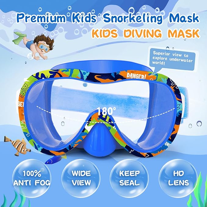 Kids Swim Goggles with Nose Cover, 180° Panoramic Snorkel Mask with Anti-Fog & Anti-Leak Design, Comfort Fabric Strap UV Protection Lens for Boys Girls Ages 3-15-StrideForce Fitness