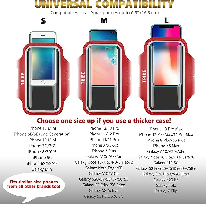 TRIBE Water Resistant Cell Phone Armband Case Running Holder for iPhone Pro Max Plus Mini SE (13/12/11/X/XS/XR/8/7/6/5) Galaxy S Ultra Plus Edge Note (21/20/10/9/8/7/6/5) Adjustable Strap & Key Pocket-StrideForce Fitness