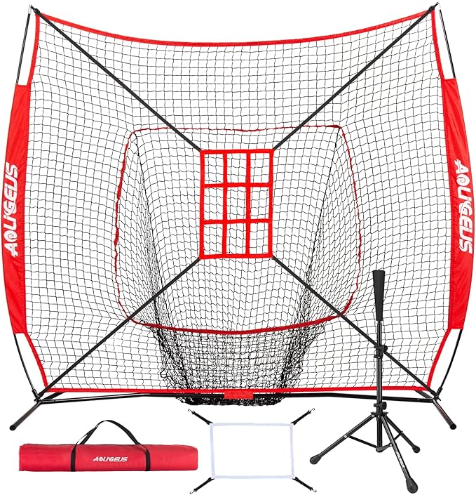 7'X7' Baseball Softball Practice Net,Pitching Net,Batting Net,with Baseball Tee,Bonus Strike Zone and Bow Frame,for Hitting,Pitching, Catching-StrideForce Fitness