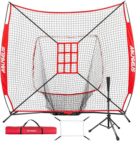 7'X7' Baseball Softball Practice Net,Pitching Net,Batting Net,with Baseball Tee,Bonus Strike Zone and Bow Frame,for Hitting,Pitching, Catching-StrideForce Fitness