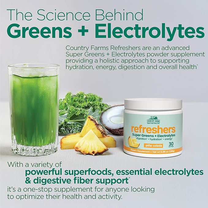 COUNTRY FARMS Refreshers, Super Greens and Electrolytes, Essential Minerals and Superfoods, Hydration Support, Promotes Natural Energy, with Fiber, Piña Colada, 30 Servings-StrideForce Fitness