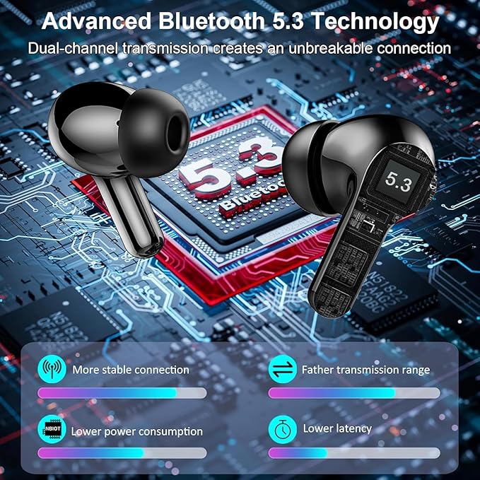 Wireless Earbuds, 2025 Bluetooth Headphones 5.3 HiFi Stereo Ear buds with ENC Noise Cancelling Mics, 40H Bluetooth Earbuds with Dual LED Display Charging Case, IP7 Waterproof Earphones for Android iOS-StrideForce Fitness