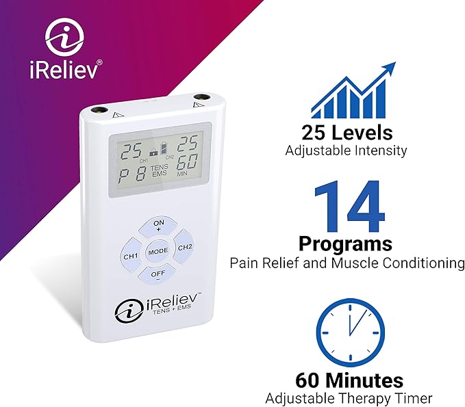 iReliev TENS + EMS Combination Unit Muscle Stimulator for Pain Relief & Arthritis & Muscle Strength with Backlit Display-StrideForce Fitness