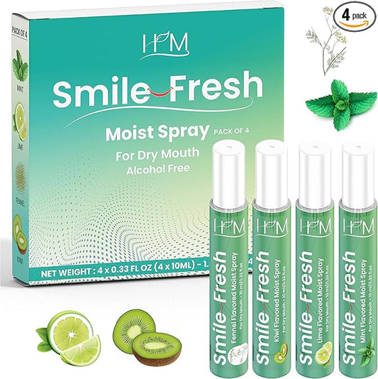 HM - Dry Mouth Flavoured Spray Xylitol - Alcohol Free | Instantly Hydrate & Moisturize | pH Balanced | Promotes Saliva Production & Soothes, Bad Breath | Pack of 4 x 0.33 oz [1.35 Oz]