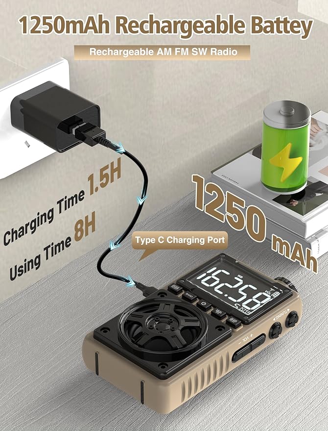 Bluetooth AM FM Shortwave Radio with NOAA Weather Alert,1250mAh Rechargeable Portable Pocket Radio with Best Reception,5W Big Speaker, Digital Tuner and Earphone,Support SD Card and USB Player（Brown）-StrideForce Fitness