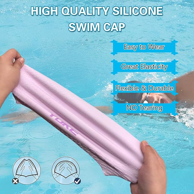 Silicone Swim Cap for Long Hair Adults Women Men, Waterproof Stretchy Swimming Caps, Durable Tear Resistant Bathing Cap-StrideForce Fitness