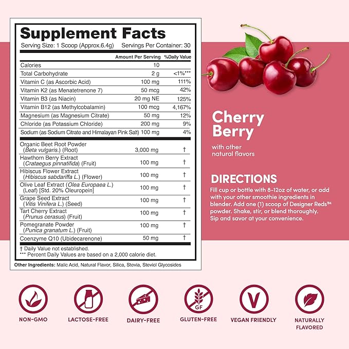 Designer Wellness, Designer Reds, Daily Superfood Powder with Beet Root, Support for Energy, Stress, Immune Health, Heart Health, and Digestive Health, Cherry Berry, 30 Servings-StrideForce Fitness