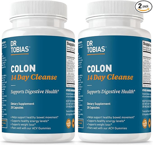 Dr. Tobias Colon 14 Day Cleanse, Advanced Gut Cleanse Detox for Women & Men with Cascara Sagrada, Psyllium Husk, Senna Leaf & Probiotics, Non-GMO Colon Cleanse, 2 Bottles of 28 Capsules (1-2 Daily)-StrideForce Fitness