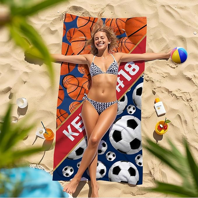 Personalized Beach Towel With Name, Custom Beach Towel with Text, Customized Basketball Football Microfiber Pool Towel, Quick Dry & Absorbent Swim Towel for Adult,Anniversary, Birthday, Summer Holiday-StrideForce Fitness