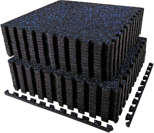 AIRHOP 0.56in Thick 96 Sq Ft Exercise Equipment Mats, 24Tiles Upgraded Rubber Top with High Density EVA Foam, Large Interlocking Puzzle Gym Flooring for Home Gym, Heavy Weight Workout, Black & Blue-StrideForce Fitness