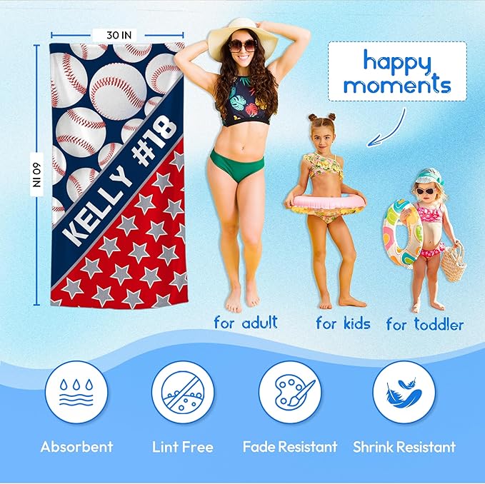 Personalized Beach Towel With Name, Custom Beach Towel with Name, Customized Baseball Microfiber Pool Towel, Quick Dry & Absorbent Swim Towel for Adult,Anniversary, Birthday, Summer Holiday,vacation-StrideForce Fitness