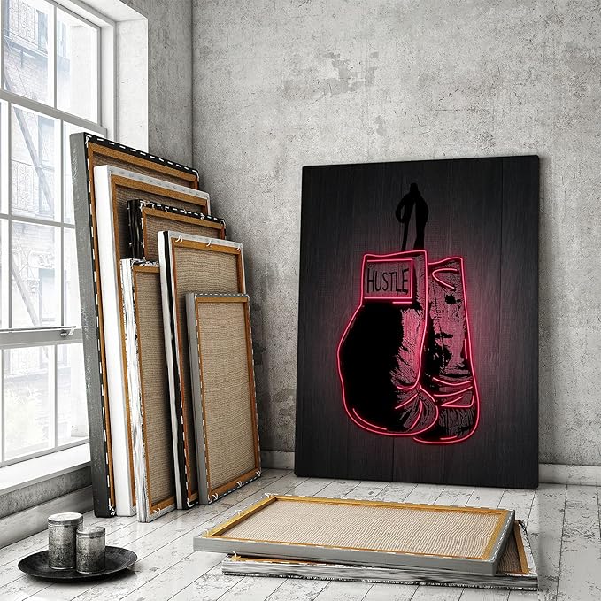 SuccessHunters Boxing Gloves Neon Canvas, Motivational Wall Decor, Office Art Artwork, Entrepreneur Motivation, Hustle Artwork, Boxing Bright Decor, Fighter Gym Sign, Hustler Art Neon Sign (8 x 8 in)-StrideForce Fitness