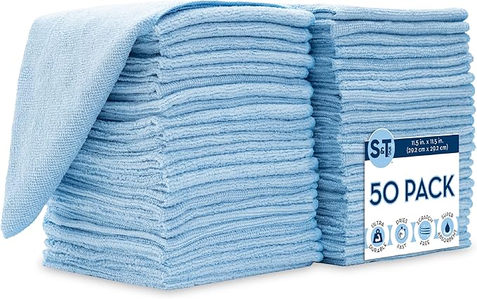 S&T INC. 50 Pack Microfiber Cleaning Cloth, Bulk Towels for Home, Reusable Microfiber Towels for Cars, Cleaning Rags, Light Blue, 11.5 Inches x 11.5 Inches, 50 Count-StrideForce Fitness