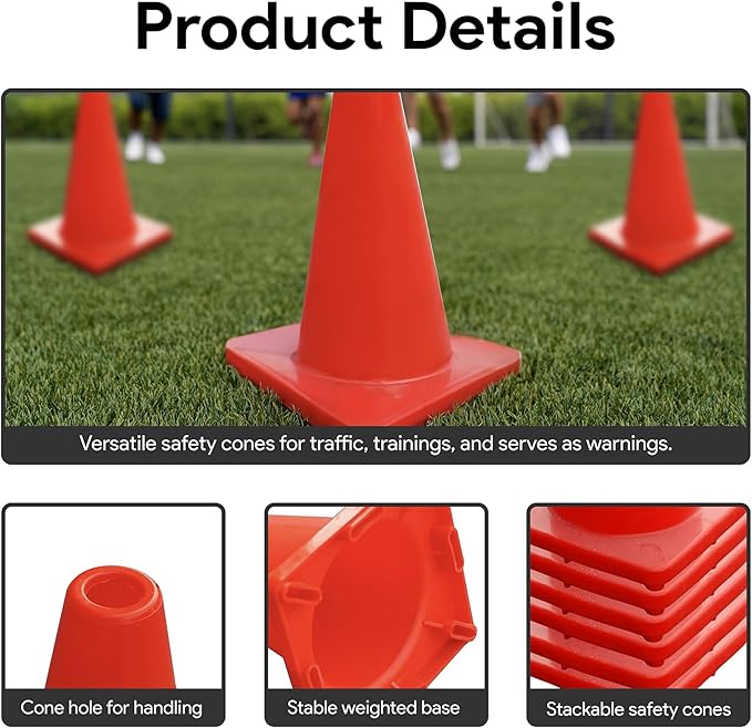 6, 9, 12, 18, 28 Inch Sports Training Traffic Cones - Durable Orange Cones for Soccer, Football, Basketball, Agility Drills, Parking, Safety, Road Use (Set of 12)-StrideForce Fitness