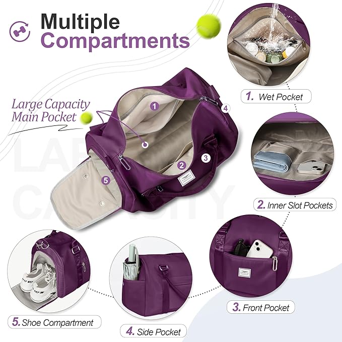 FIORETTO Womens Gym Tote Duffle Bag with Wet Pocket & Shoe Compartment, Sports Duffel Overnight Weekender Hospital Workout Carry on Bag for Girls, Ideal for Travel, Swimming, Dance, Ballet Dark Purple-StrideForce Fitness
