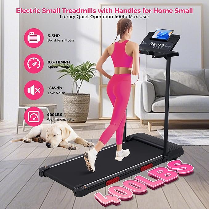 Walking Pad Treadmill with Handle Bar, 3.5HP Compact Electric Walking Pads Treadmills with Handles for Home Apartment Small, 0.6-10MPH Portable Foldable Folding Small Treadmill Home, 400LBS Capacity-StrideForce Fitness