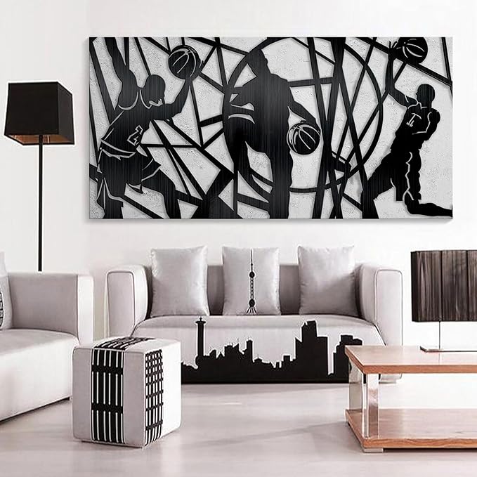 Large Sports Wall Art, Black and White Wall Art Basketball Poster Canvas Print Modern Pictures Paintings Ready to Hang Boys Teen Room Bedroom Home Office Gym Decor 29x58 IN-StrideForce Fitness