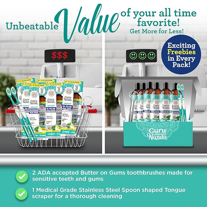 GuruNanda CocoMint Oil Pulling Mouthwash for Complete Oral Hygiene, 7 Essential Oils & Vitamins for Happy Teeth & Gums & Fresh Breath, with 2 Toothbrushes & Tongue Scraper, Alcohol-Free, 6X8 oz