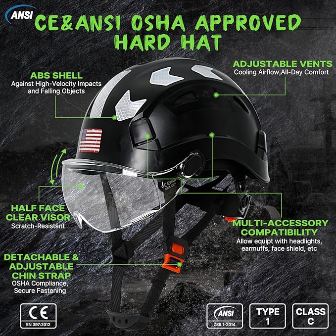 AOLAMEGS Construction Safety Hard Hat - ANSI Z89.1 Type Ι OSHA Approved Safety Helmets with Chin Straps Lightweight Reflective Vented ABS Hard Hats For Men Women Industrial Workwear 6-point Suspension-StrideForce Fitness