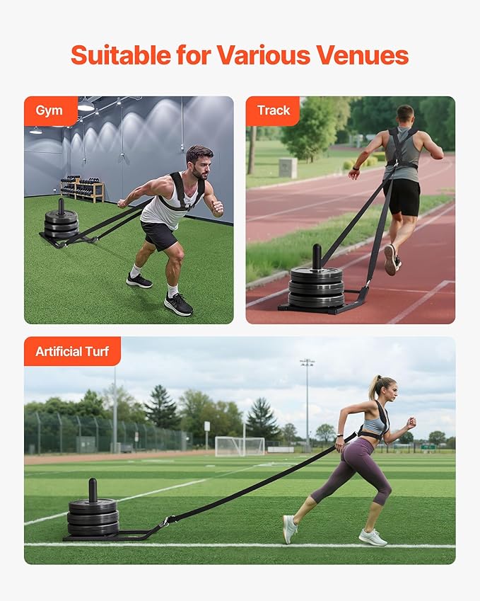 VEVOR Weight Sled, Steel Power Sled, Fitness Strength Training Sleds for Athletic Exercise Speed Improvement, Workout Fitness Equipment with Harness, Compatible with 1/2 in Weight Plates, Black-StrideForce Fitness