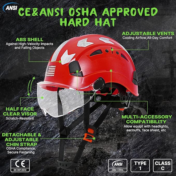 AOLAMEGS Construction Safety Hard Hat - ANSI Z89.1 Type Ι OSHA Approved Safety Helmets with Chin Straps Lightweight Reflective Vented ABS Hard Hats For Men Women Industrial Workwear 6-point Suspension-StrideForce Fitness