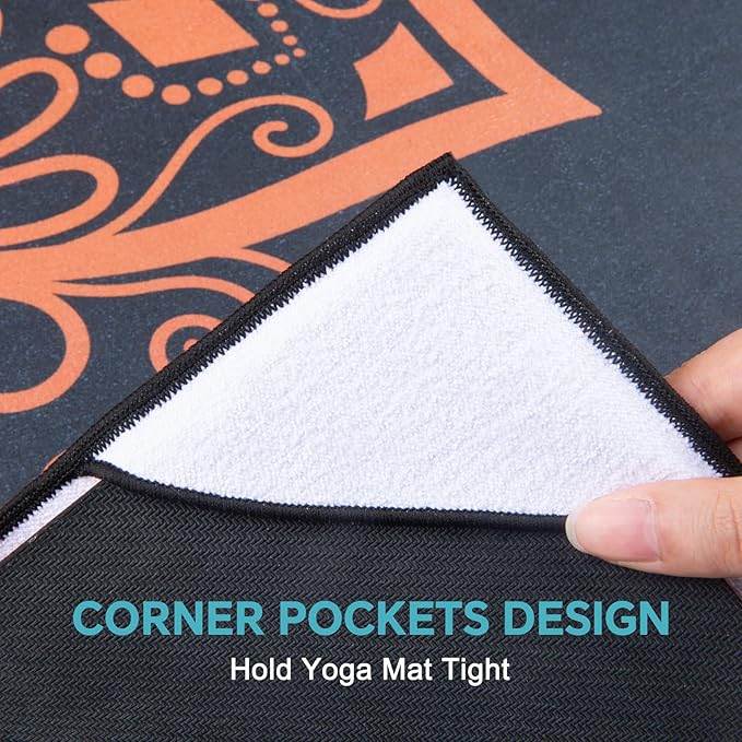 QiyI Yoga Mat Towel with Corner Pockets, Non Slip Sweat Absorbent Hot Yoga Towels, Soft Yoga Blankets with Travel Bag, Skidless Mat Cover for Workout, Gym, Fitness - 70"x26", Luxury Golden Mandala-StrideForce Fitness
