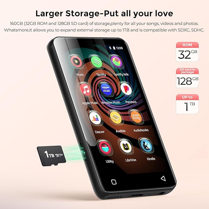 160GB MP3 Player with Bluetooth and WiFi, innioasis Music Player with Spotify,Pandora,Amazon Music,4" Touch Screen Android MP4 MP3 Player for Kids with Libby,Audible,Spotify Kids(Black)-StrideForce Fitness