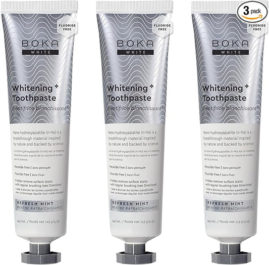 Boka Fluoride Free Toothpaste, Nano Hydroxyapatite Toothpaste, Appropriate for Sensitive Teeth, for Adult, Kids Oral Care - Whitening* Refresh Mint, 4 Fl Oz 3Pk US Manufactured