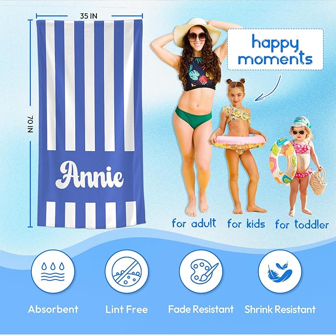 JML Personalized Beach Towel with Name, Custom Cabana Stripe Beach Towel, Customized Microfiber Pool Towel, Quick Dry & Absorbent Swim Towel for Adult,Mother's Day, Birthday, Summer Holiday,Vacation-StrideForce Fitness