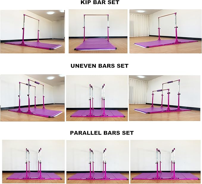 Gymnastics Double Horizontal Bars 3Play Parallel Bars Uneven Bars Gymnastics Training Kip Bar with 304 Stainless Steel Regulating Arms & Fiberglass Rail for Indoor Outdoor Home Club Use-StrideForce Fitness
