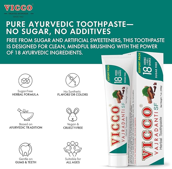 Vicco Vajradanti Ayurvedic Herbal Toothpaste by Vicco – 70 Year Legacy of Ayurveda, Sugar-Free, with 18 Ayurvedic Herbs & Barks, 100% Natural, Vegan, Fluoride-Free & Cruelty-Free – 7 oz (3 Pack)