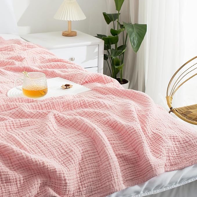 Carriediosa 100% Cotton Muslin Throw Blanket 108" X 90" King Size，4-Layers Summer Gauze Throws for Bed Couch，Soft Lightweight Breathable Linen Blankets Bedspread for Adults All Season，Dusty Pink-StrideForce Fitness