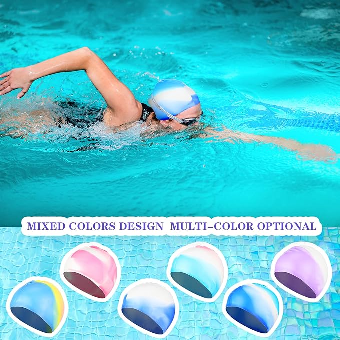 Syhood 6 Pieces Unisex Adult Silicone Swim Cap Waterproof Swimming Hat Non Slip Pool Hat Elastic Silicone Cap for Long and Short Hair-StrideForce Fitness