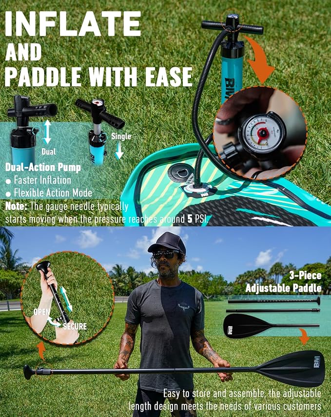 BM Paddle Board Inflatable Stand Up Paddle Board, SUP Paddleboard for Adult, Premium Accessories | Non-Slip EVA Deck & Foam Handles, Camera Mount, Double Action Pump, 85L Travel Backpack-StrideForce Fitness