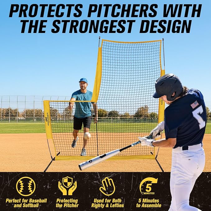 PodiuMax Baseball Softball Pitching Screen, 7x7FT Pitcher Protection Net with Upgrade Frame, Baseball Batting Pitching Net for Backyard Field Outdoor, Line Drive Protective L-Screen with Carry Bag-StrideForce Fitness