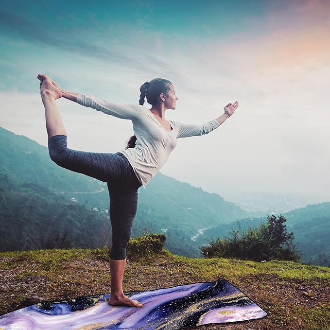 QiyI Yoga Mat Towel with Corner Pockets, Non Slip Sweat Absorbent Hot Yoga Towels, Soft Yoga Blankets with Travel Bag, Skidless Mat Cover for Workout, Gym, Fitness - 70"x26", Purple & Pink Grain-StrideForce Fitness